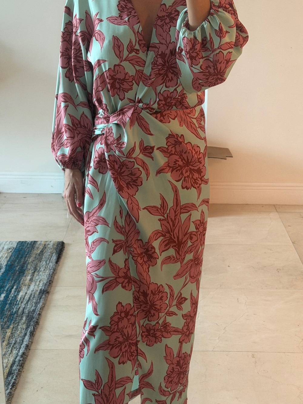 Zara Mint Green Maxi Dress with Rose-Red Floral Print